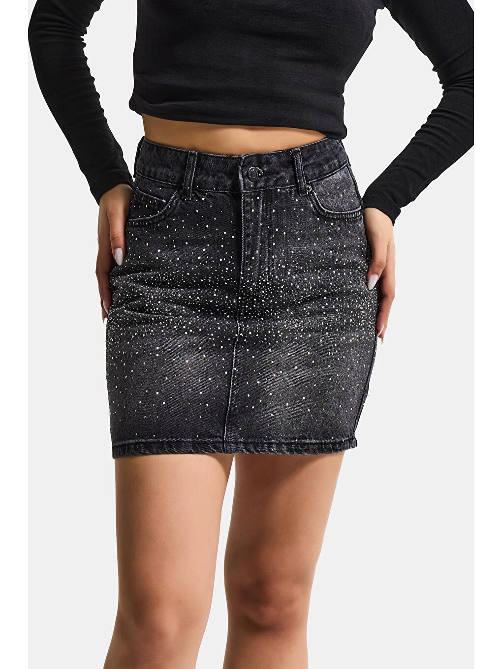 Gri Kadın Koyu Füme T2-2s6-1 Straight Parlak Taşlı Özel Tasarım Denim Etek