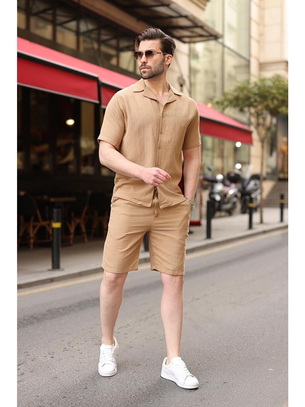 Bej Vizon %100 Pamuklu Erkek Şort Gömlek Takım E7361-4