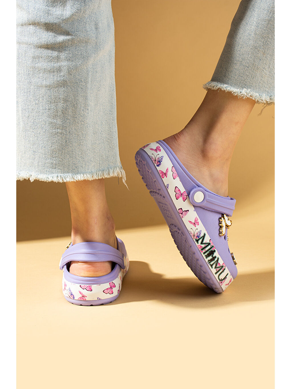 Lila Şerit Desenli Rahat Eva Taban Tokalı Kadın Sandalet 011-18-25-2