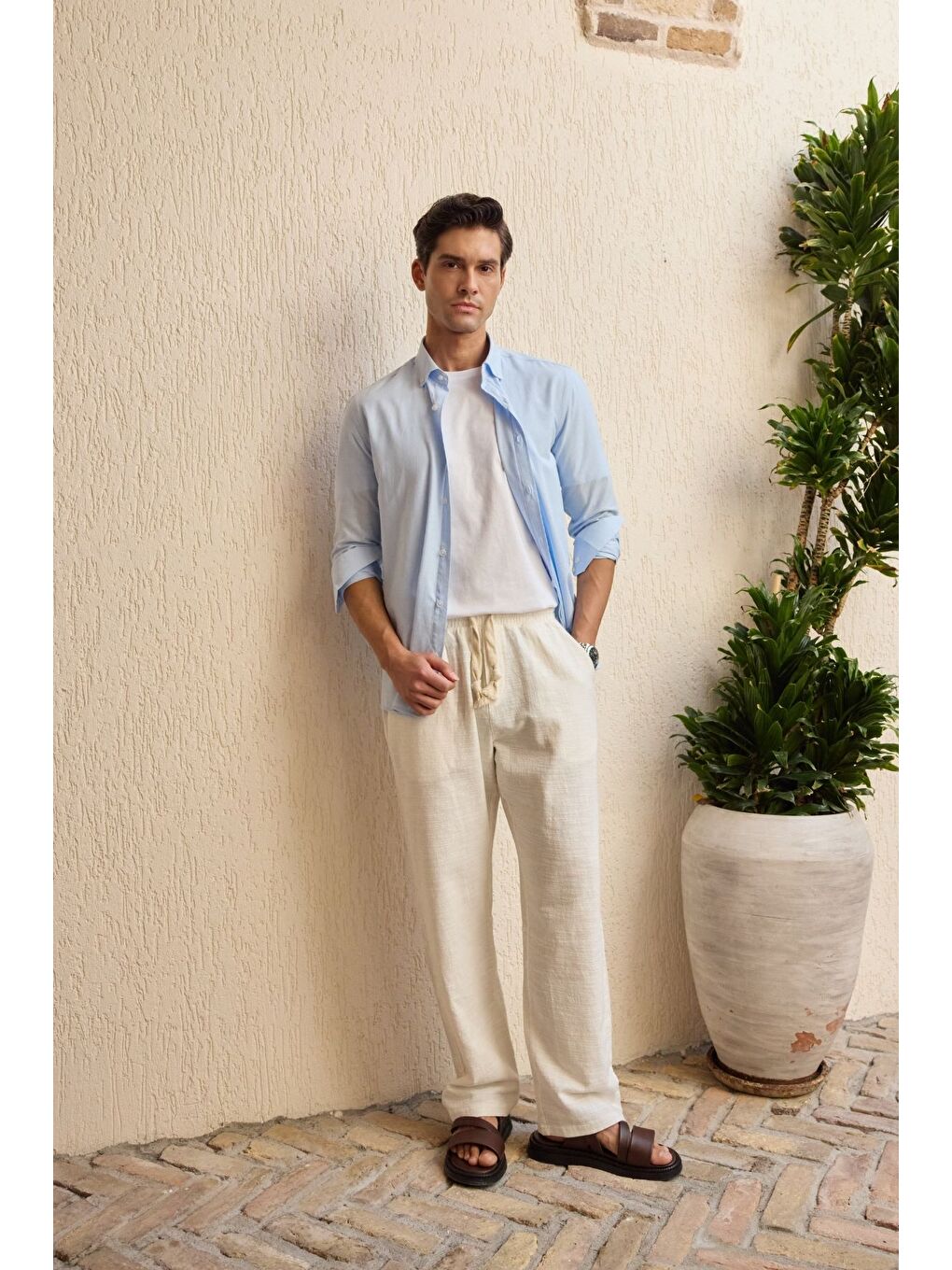 Mavi Turi Erkek Pamuk Gömlek Modern Slim Fit Keten Görünümlü Uzun Kol-2