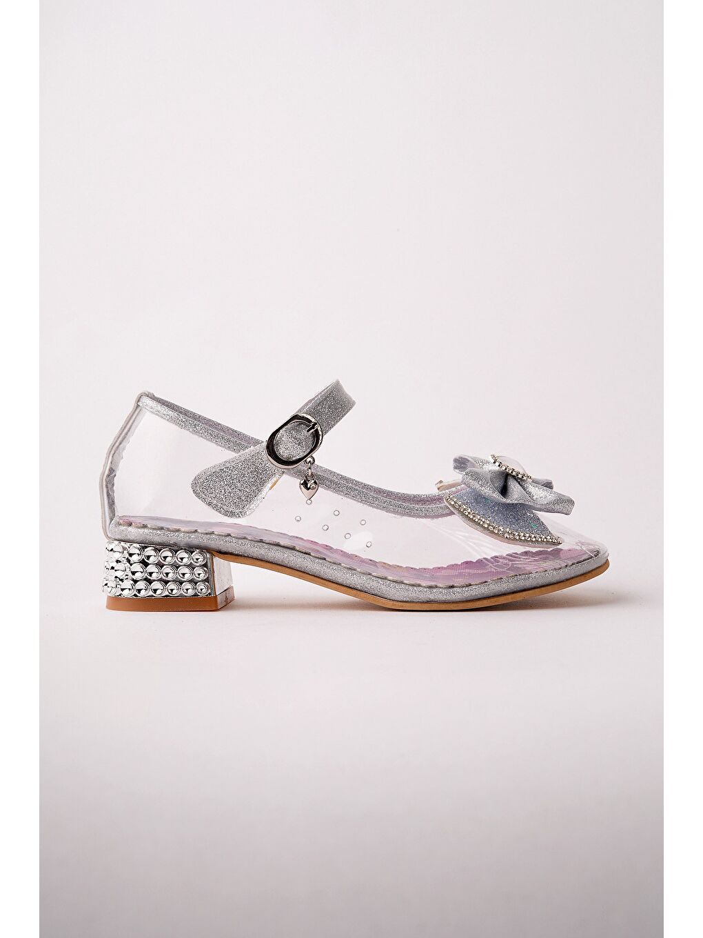 Gri PONYTA Şeffaf Simli Fiyonk Detaylı Bantlı Kız Çocuk Topuklu Abiye Ayakkabı-4