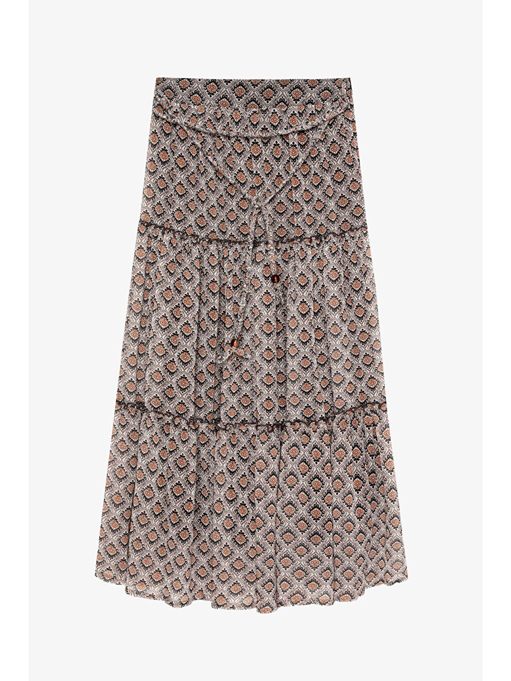 Retro Geometrik Desenli Beli Bağcık Detaylı Midi Etek Kahverengi-1