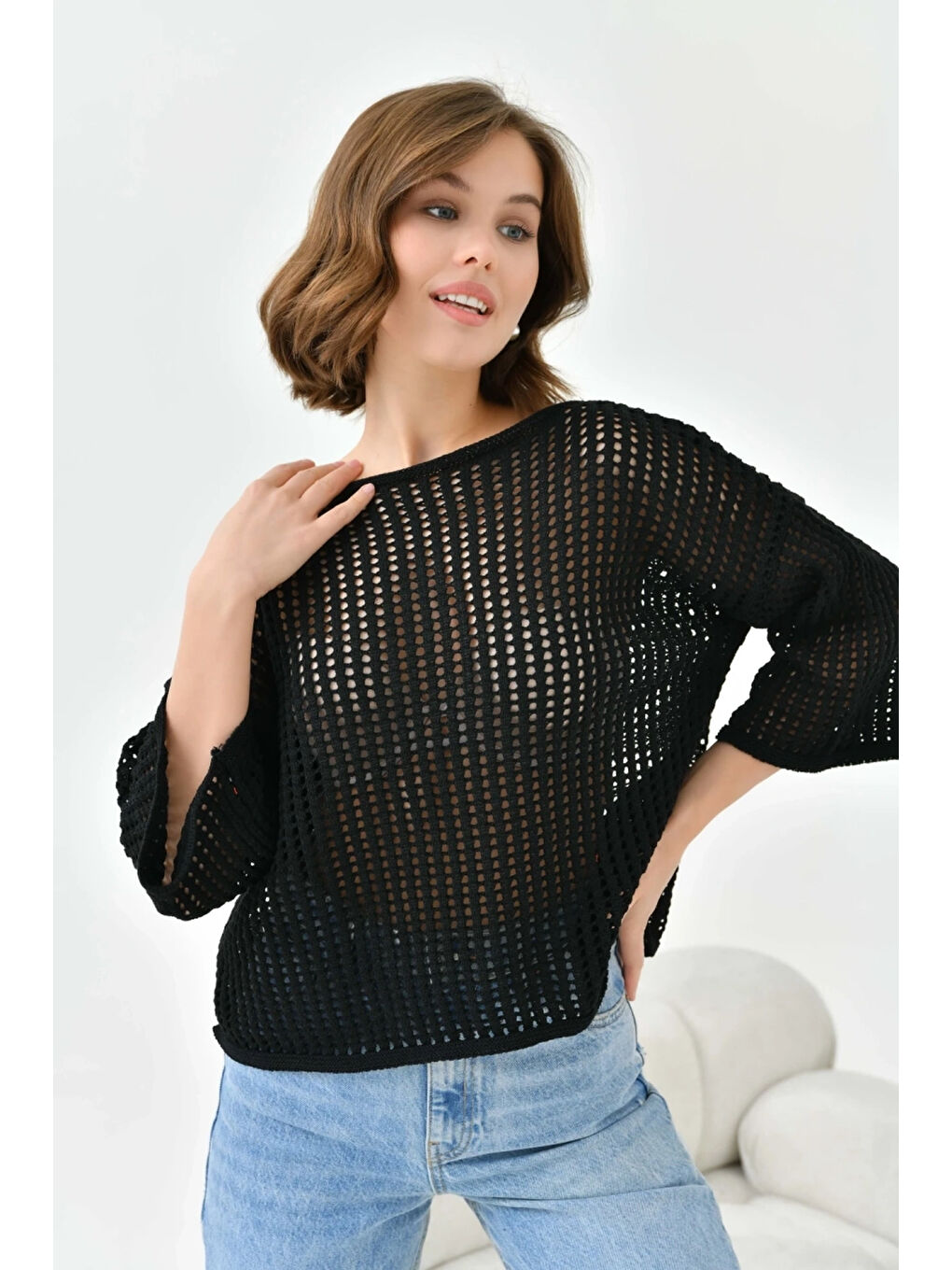 Siyah Kadın Kayık Yaka Örgü Detay Oversize Triko Kazak-3