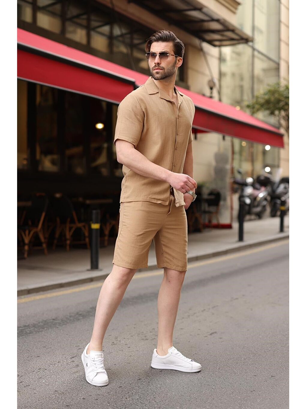 Bej Vizon %100 Pamuklu Erkek Şort Gömlek Takım E7361-5