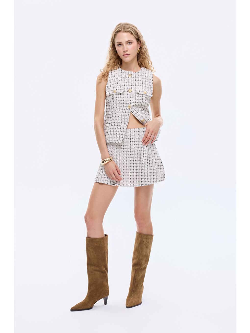 Ekoseli Pile Detaylı Tüvit Mini Etek Bej