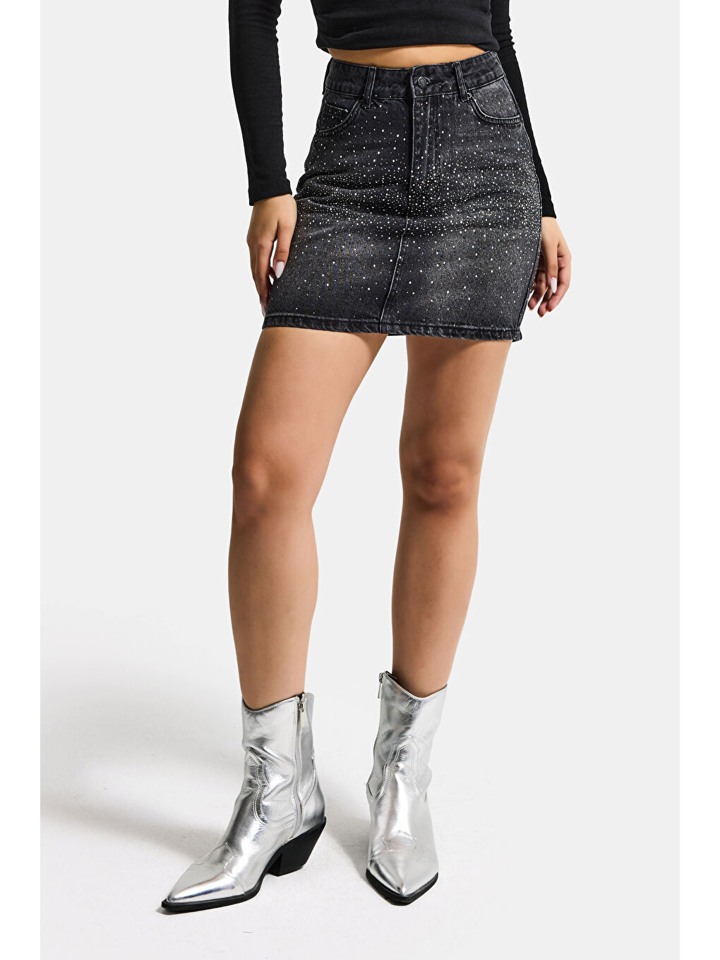 Gri Kadın Koyu Füme T2-2s6-1 Straight Parlak Taşlı Özel Tasarım Denim Etek-1