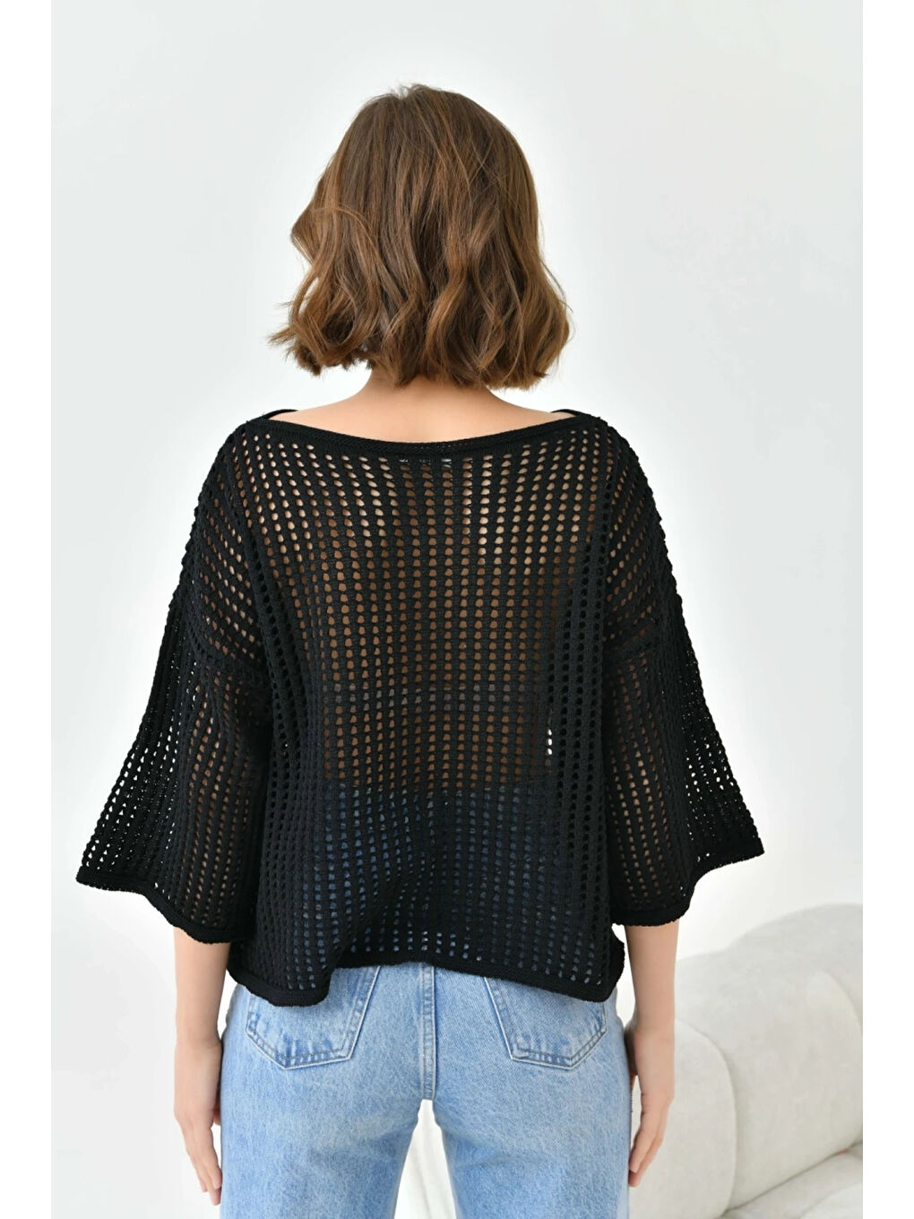Siyah Kadın Kayık Yaka Örgü Detay Oversize Triko Kazak-4