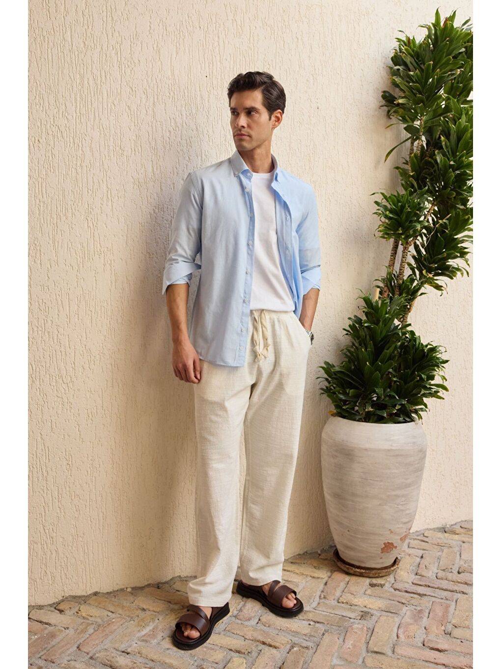 Mavi Turi Erkek Pamuk Gömlek Modern Slim Fit Keten Görünümlü Uzun Kol-3