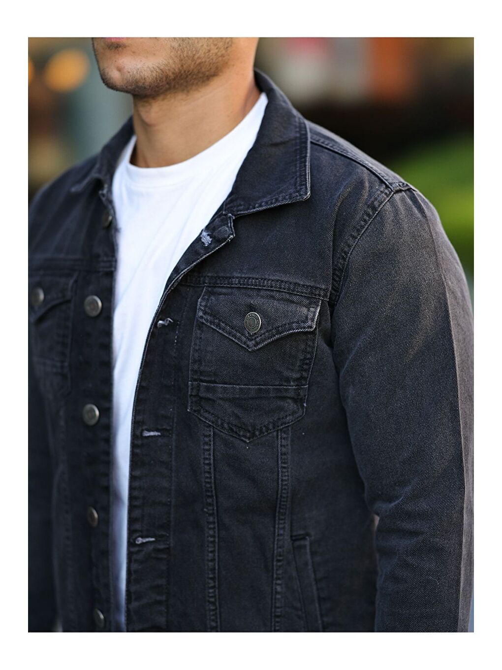 Gri Erkek Trend Polo Yaka Slim Fit Denim Jeans Antrasit Jean Ceket-1