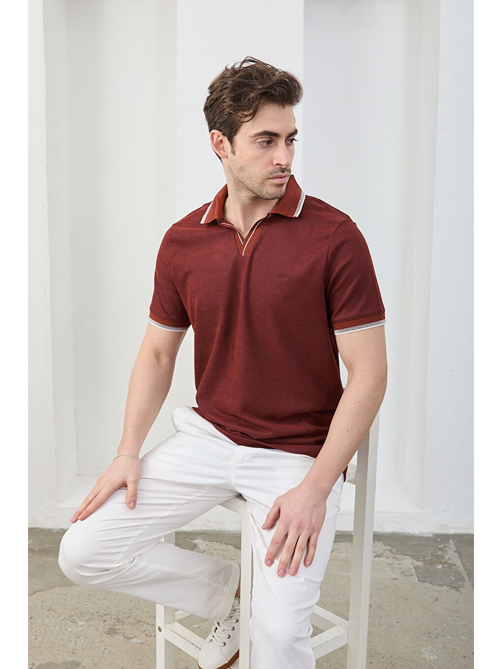 Kahverengi Lodz Erkek Polo Yaka Tişört Çekmeyen Pamuklu Kumaş Regular Fit Günlük-7