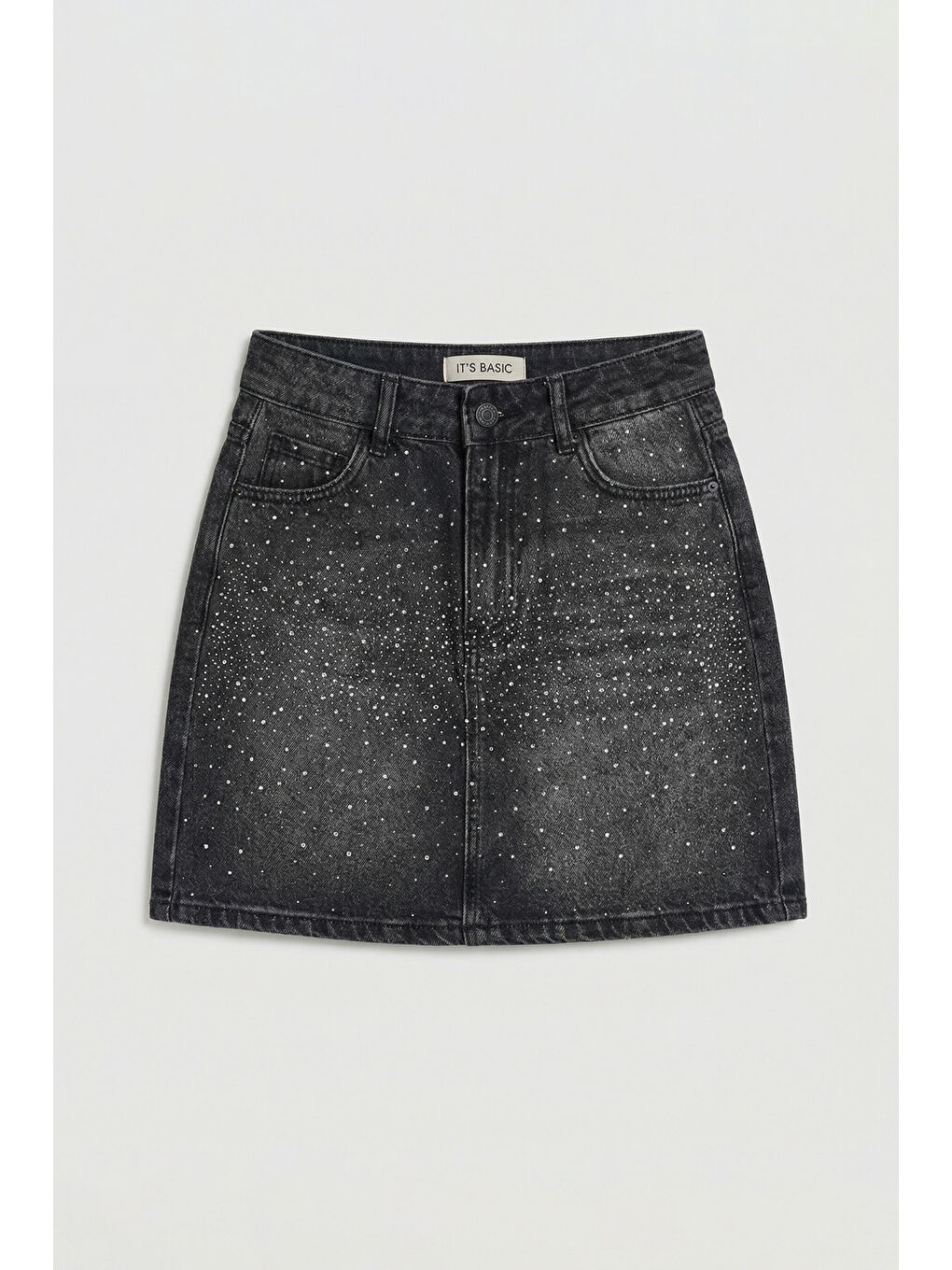 Gri Kadın Koyu Füme T2-2s6-1 Straight Parlak Taşlı Özel Tasarım Denim Etek-2