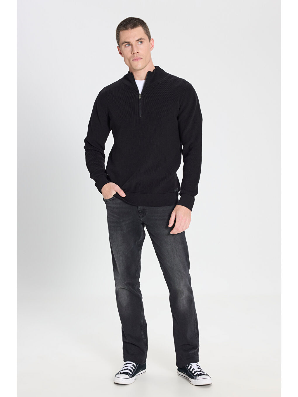 Regular Fit Normal Kesim Fermuar Detaylı Siyah Triko Kazak-3