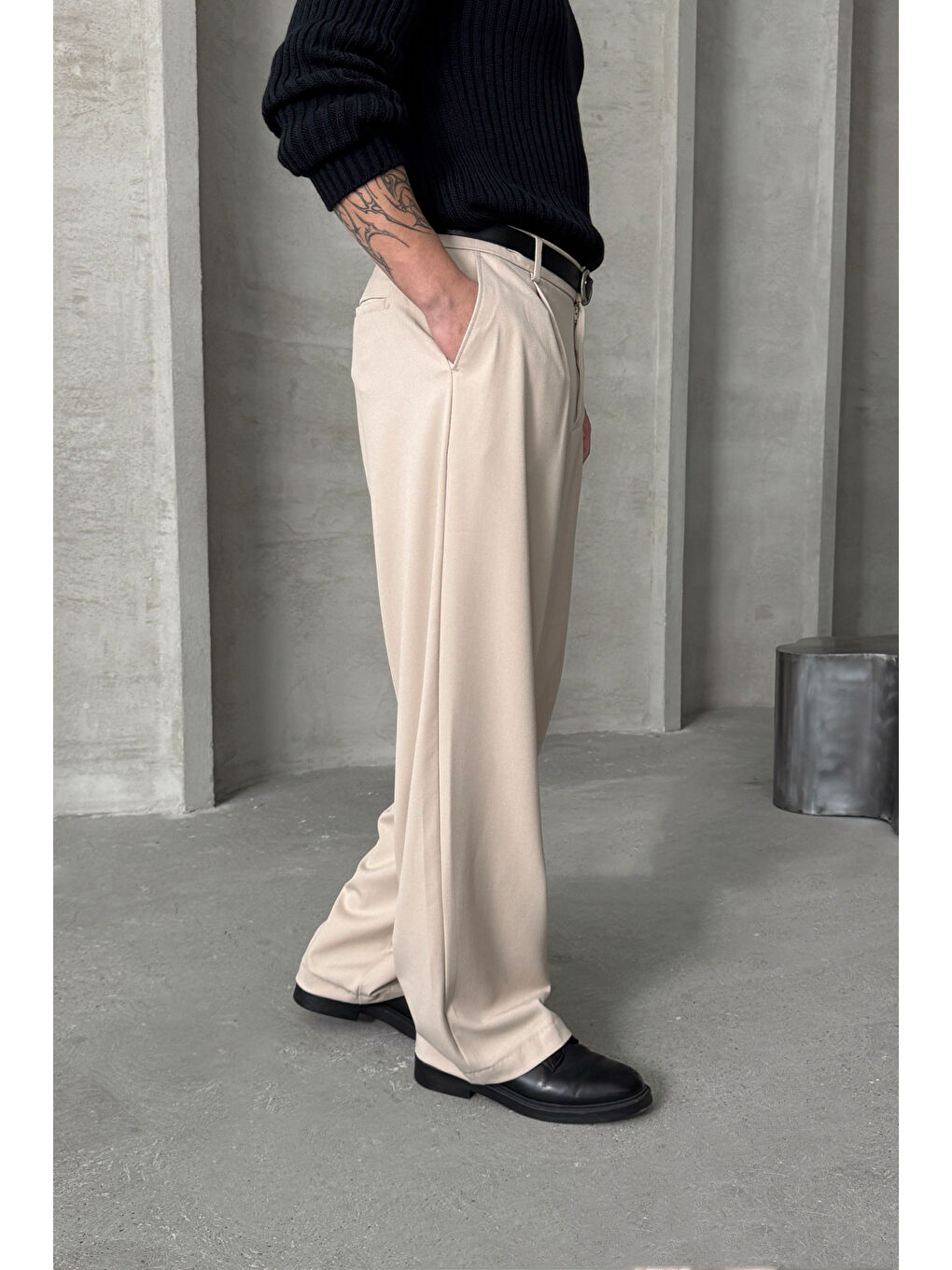 Ekru Erkek Pileli Ekstra Baggy Kalıp Kumaş Pantolon-2