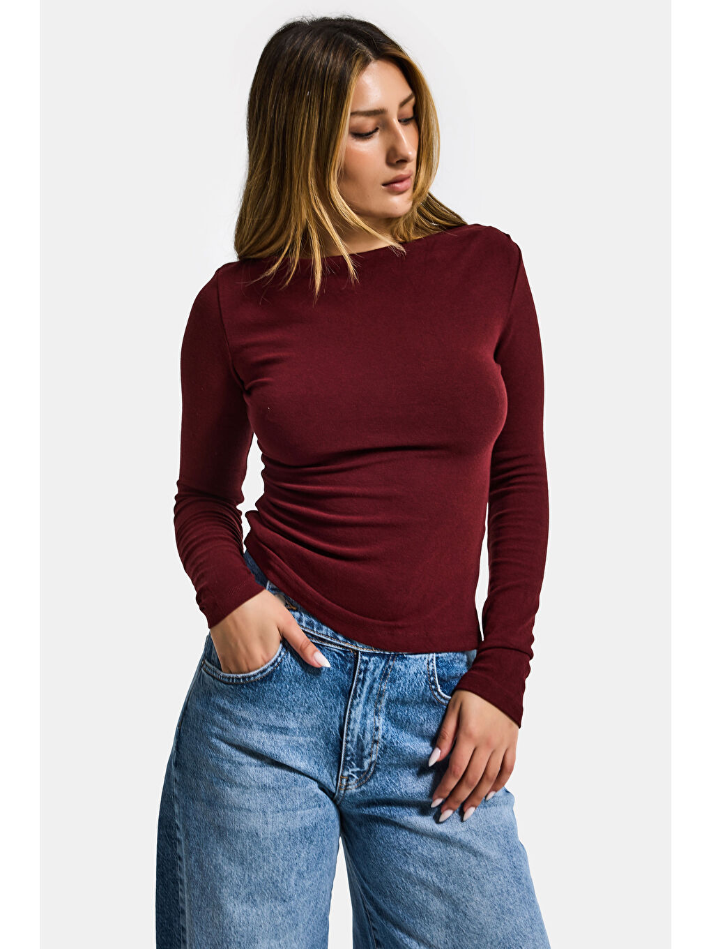 Kadın Bordo w5 %100 Pamuk Asimetrik Kesim Esnek Bluz Body-1