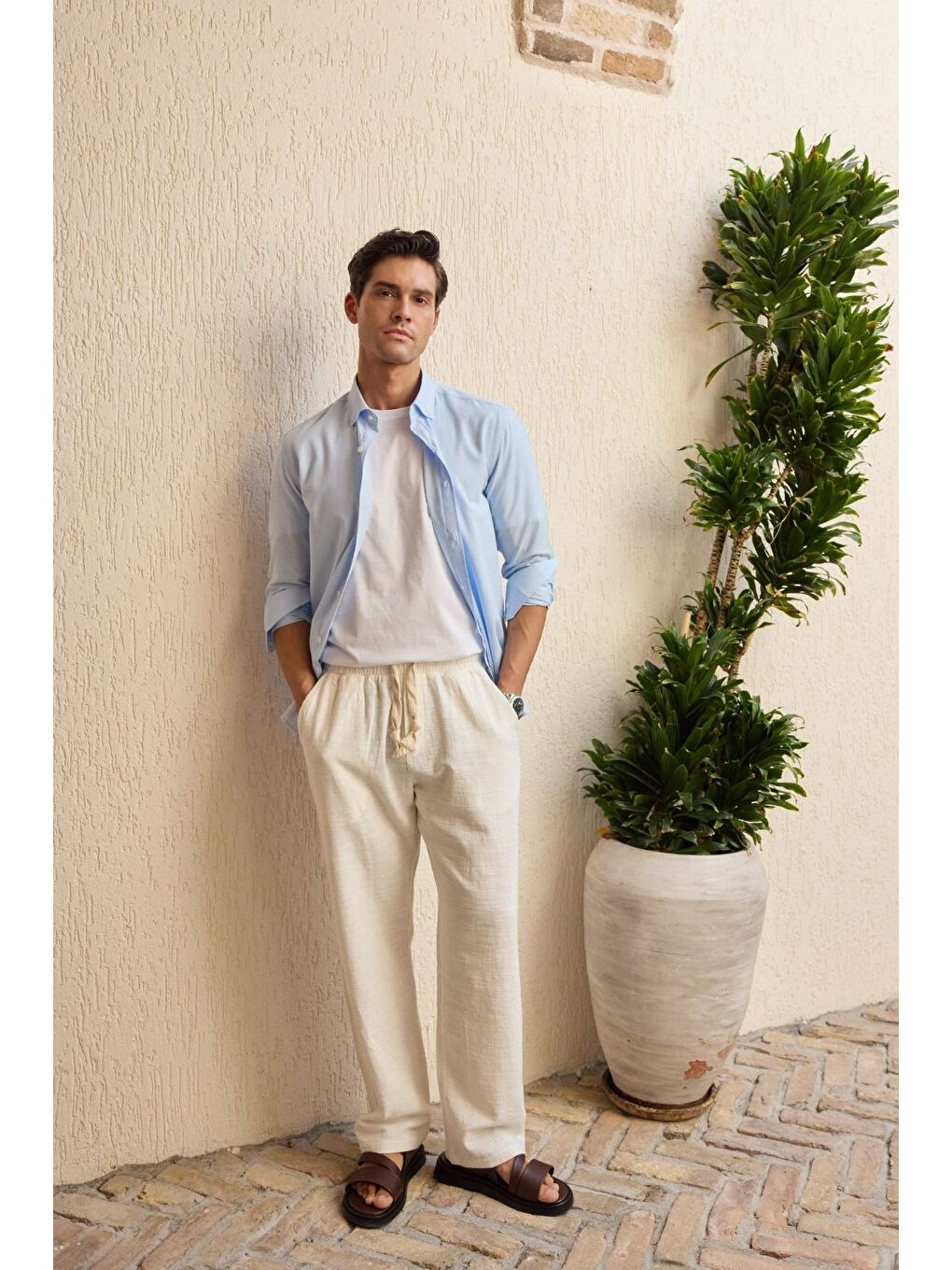 Mavi Turi Erkek Pamuk Gömlek Modern Slim Fit Keten Görünümlü Uzun Kol-4