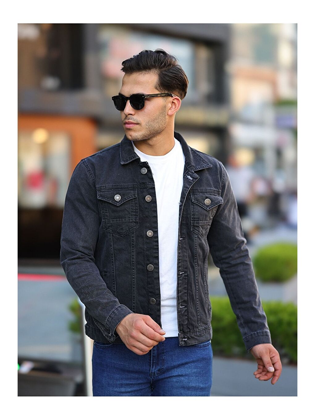 Gri Erkek Trend Polo Yaka Slim Fit Denim Jeans Antrasit Jean Ceket-2