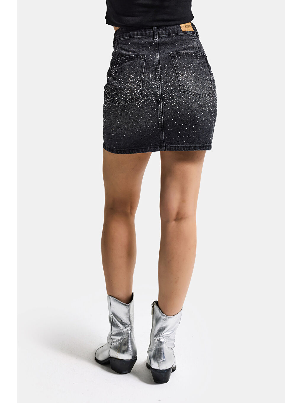 Gri Kadın Koyu Füme T2-2s6-1 Straight Parlak Taşlı Özel Tasarım Denim Etek-4