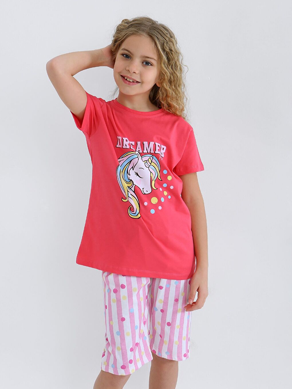 Fuşya Kız Çocuk Kısa Kollu Kapri %100 Pamuklu Pijama Takımı Dreamer Girl-1