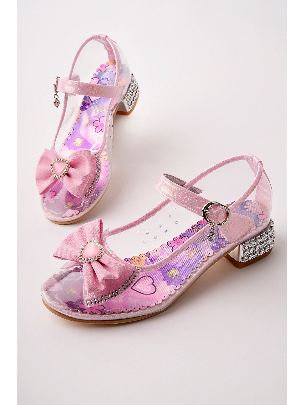Pembe PONYTA Şeffaf Simli Fiyonk Detaylı Bantlı Kız Çocuk Topuklu Abiye Ayakkabı