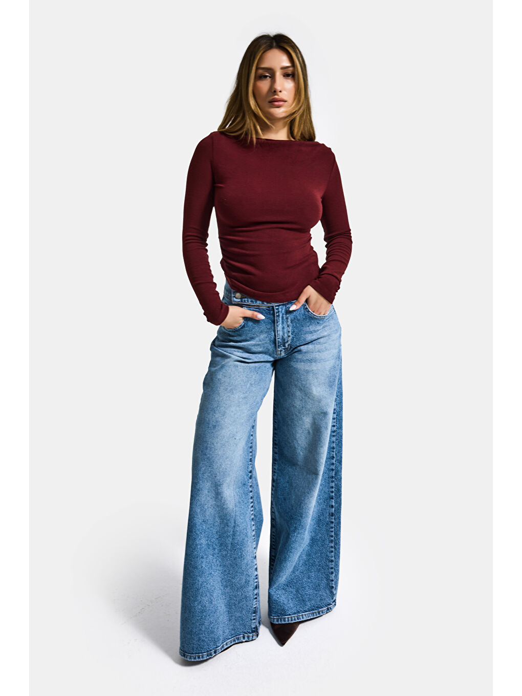 Kadın Bordo w5 %100 Pamuk Asimetrik Kesim Esnek Bluz Body-2