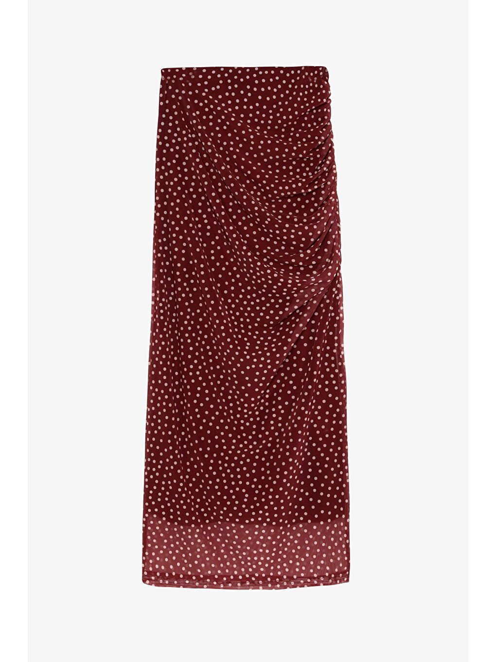 Puantiyeli Drape Detaylı Transparan Midi Etek Mürdüm-1