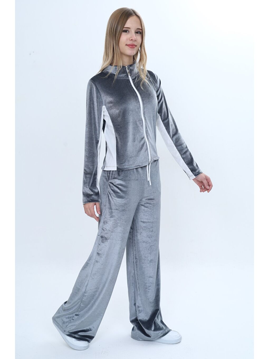 Gri Kız Çocuk 2'li Takım Fermuarlı Cepli Sweatshirt & Beli Lastikli Bol Paça Cepli Eşofman Alt-1