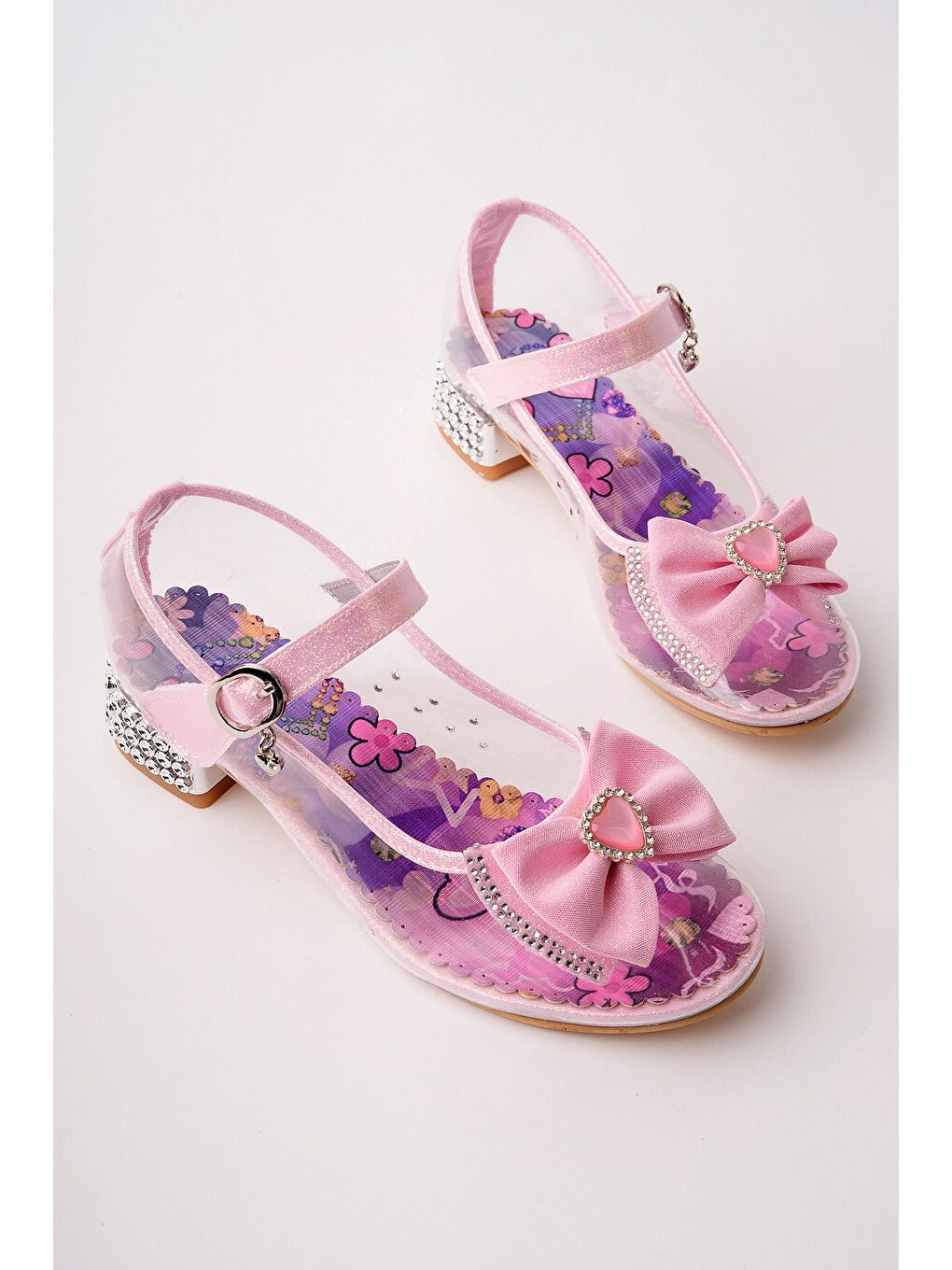 Pembe PONYTA Şeffaf Simli Fiyonk Detaylı Bantlı Kız Çocuk Topuklu Abiye Ayakkabı-1