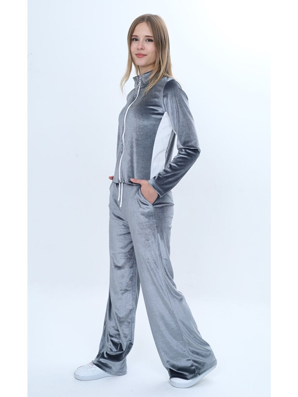 Gri Kız Çocuk 2'li Takım Fermuarlı Cepli Sweatshirt & Beli Lastikli Bol Paça Cepli Eşofman Alt-2