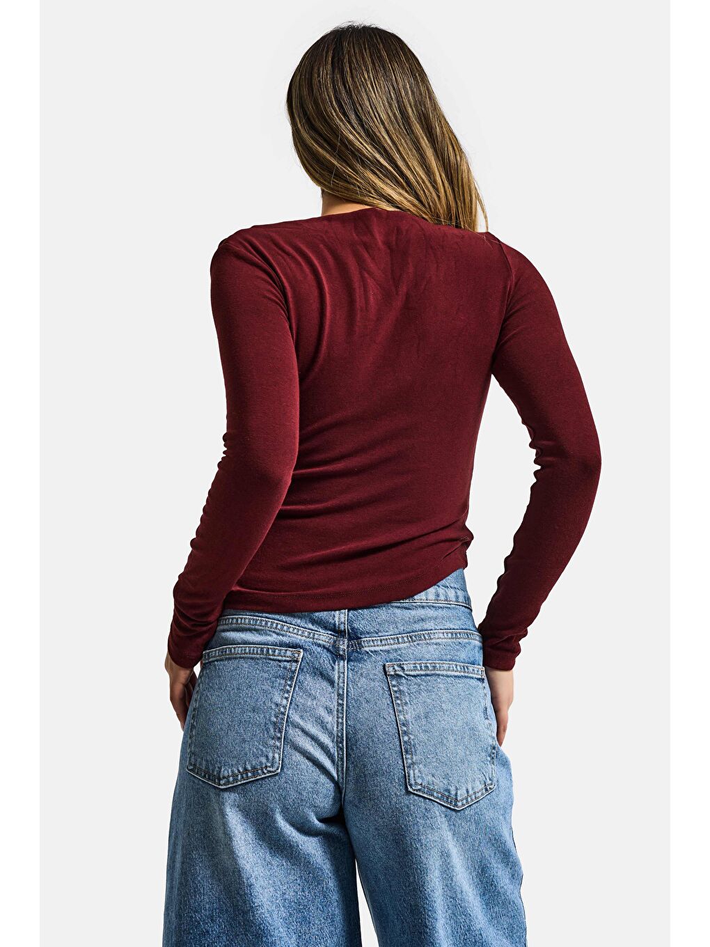 Kadın Bordo w5 %100 Pamuk Asimetrik Kesim Esnek Bluz Body-3