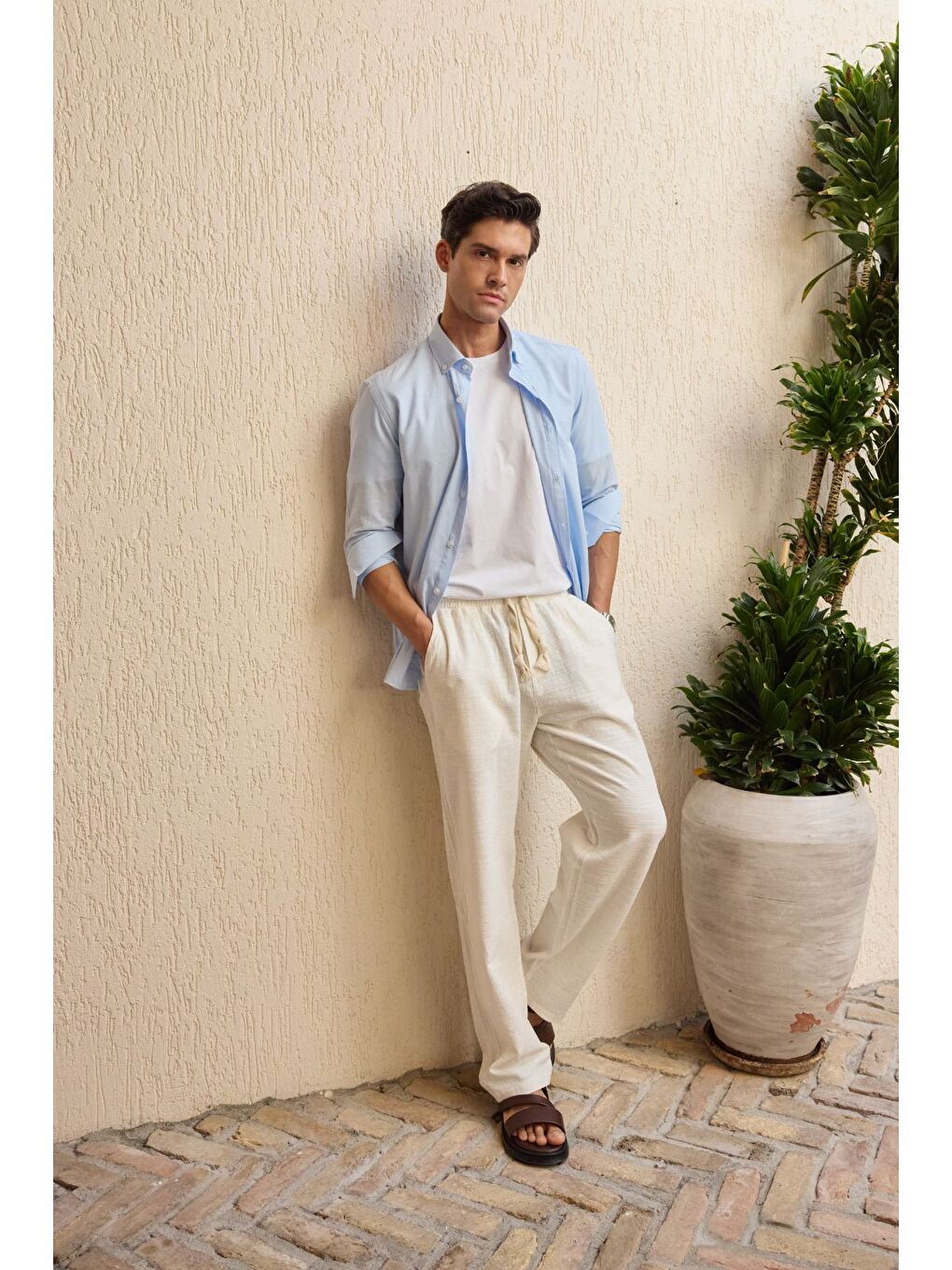 Mavi Turi Erkek Pamuk Gömlek Modern Slim Fit Keten Görünümlü Uzun Kol-5