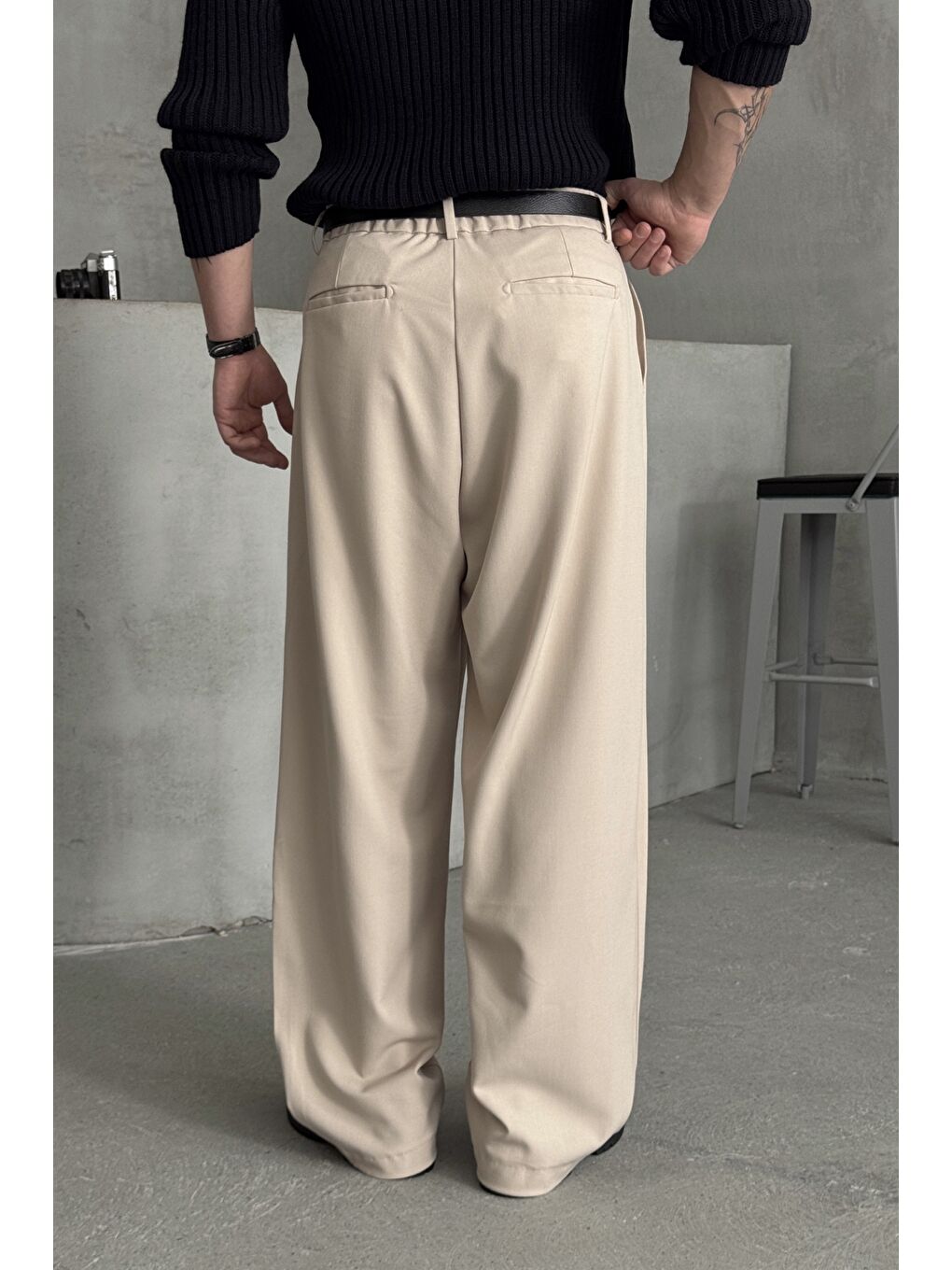 Ekru Erkek Pileli Ekstra Baggy Kalıp Kumaş Pantolon-4