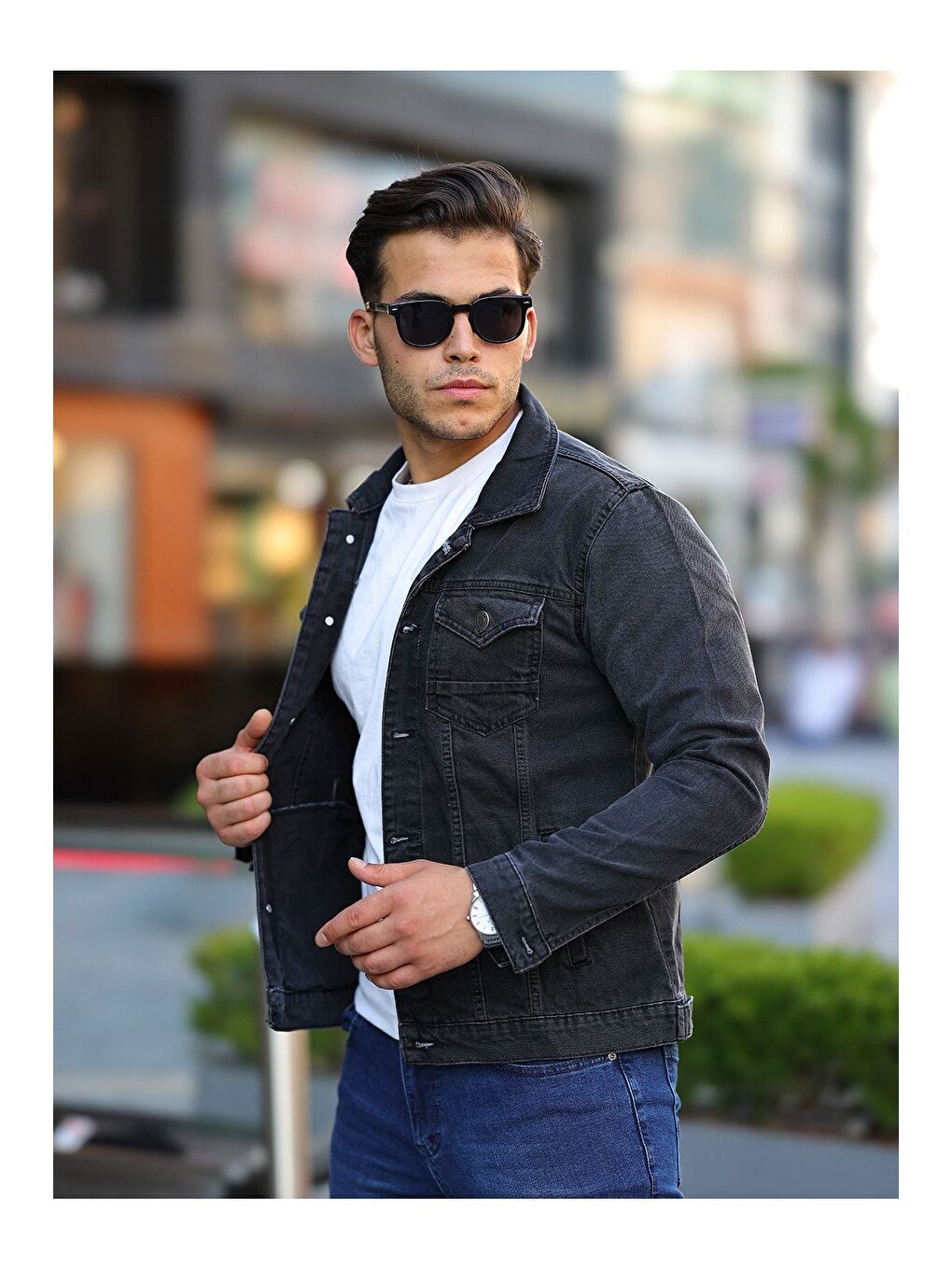 Gri Erkek Trend Polo Yaka Slim Fit Denim Jeans Antrasit Jean Ceket-3