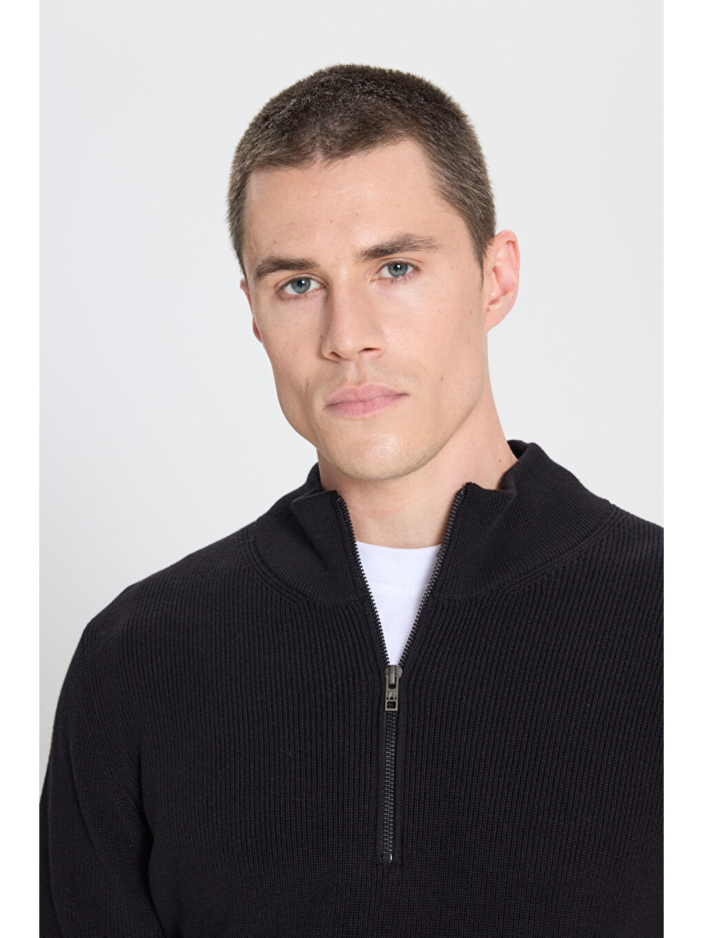 Regular Fit Normal Kesim Fermuar Detaylı Siyah Triko Kazak-4