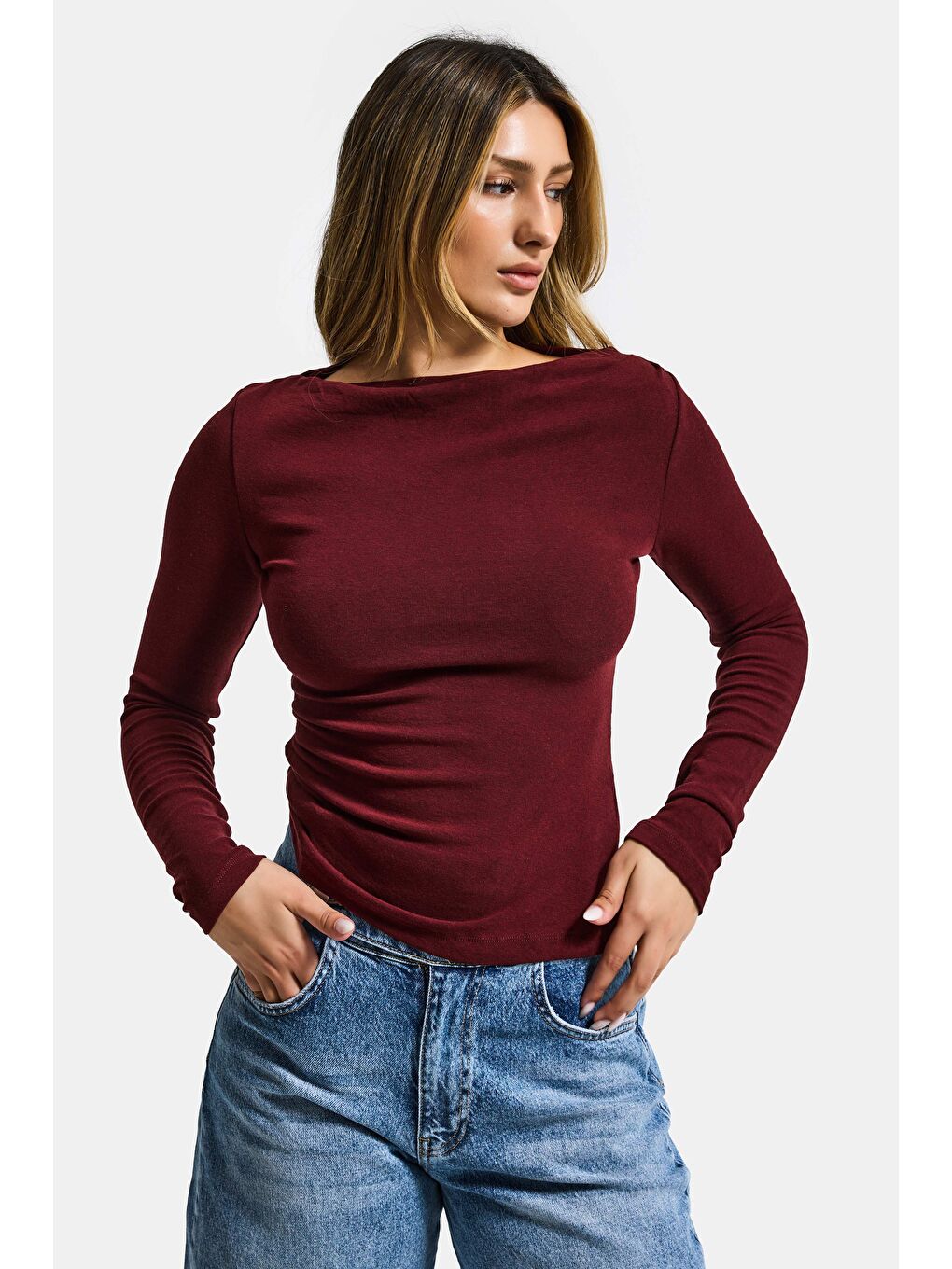 Kadın Bordo w5 %100 Pamuk Asimetrik Kesim Esnek Bluz Body-4