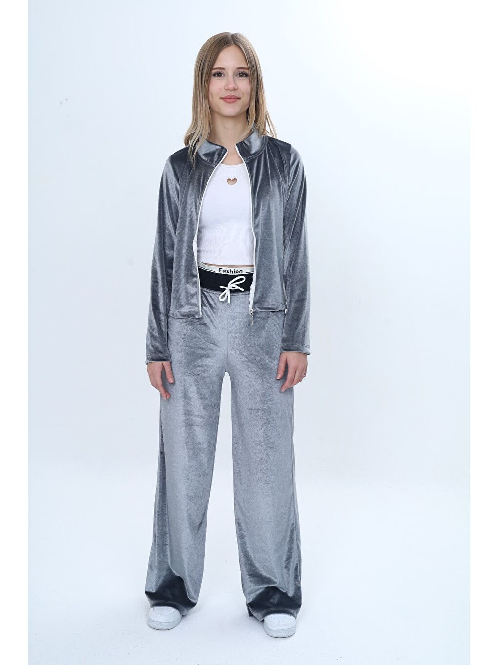 Gri Kız Çocuk 2'li Takım Fermuarlı Cepli Sweatshirt & Beli Lastikli Bol Paça Cepli Eşofman Alt-4