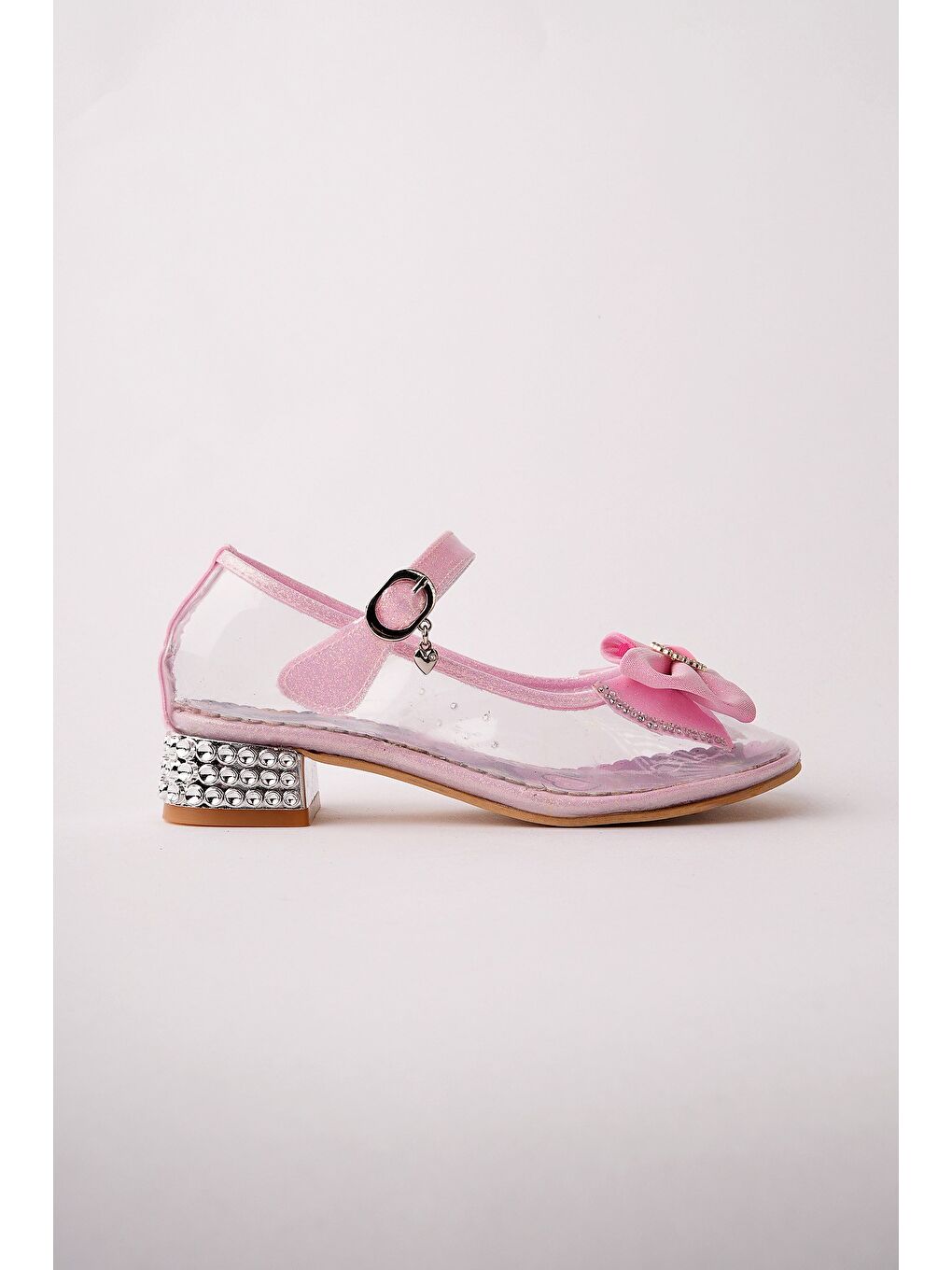 Pembe PONYTA Şeffaf Simli Fiyonk Detaylı Bantlı Kız Çocuk Topuklu Abiye Ayakkabı-4