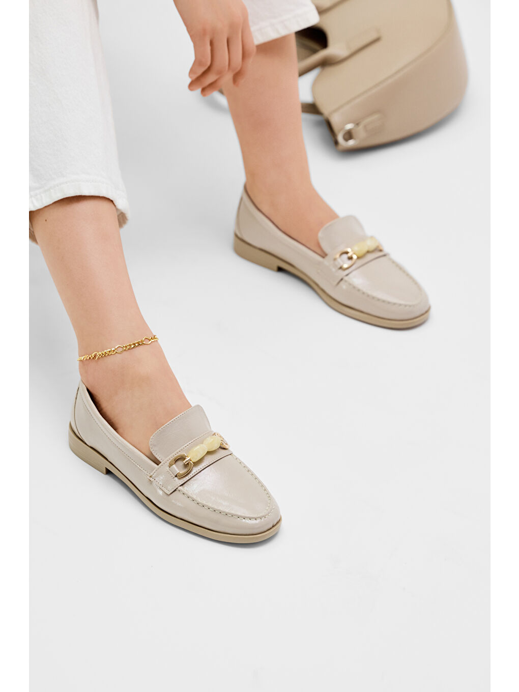 Kadın Bej Kadın Loafer Rahat Toka Detaylı Günlük Babet-2