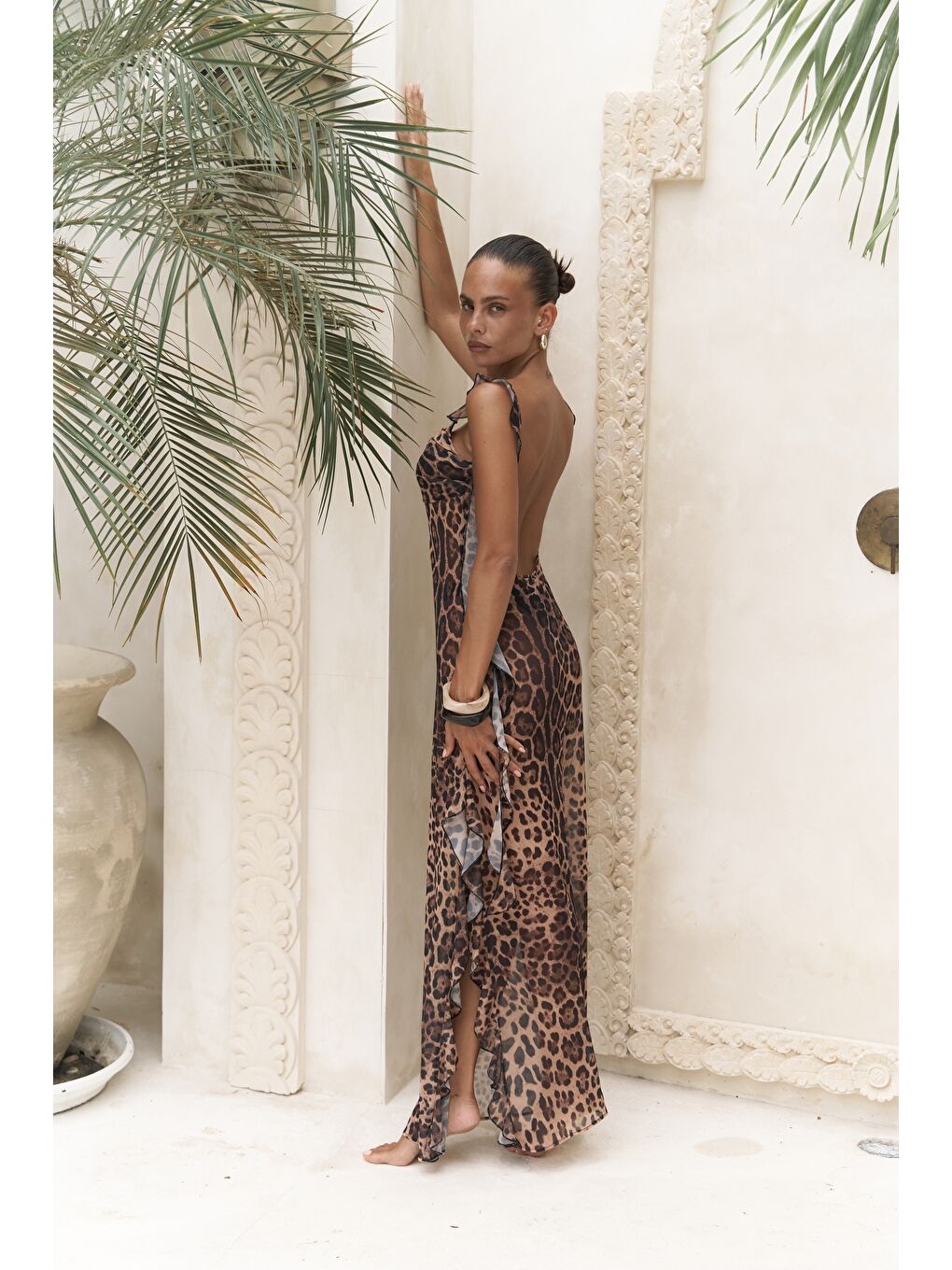 Bej Magi Fırfır Detay Leopar Uzun Elbise