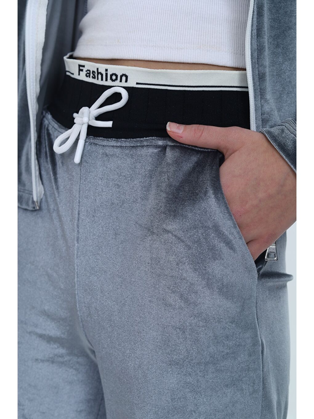 Gri Kız Çocuk 2'li Takım Fermuarlı Cepli Sweatshirt & Beli Lastikli Bol Paça Cepli Eşofman Alt-6