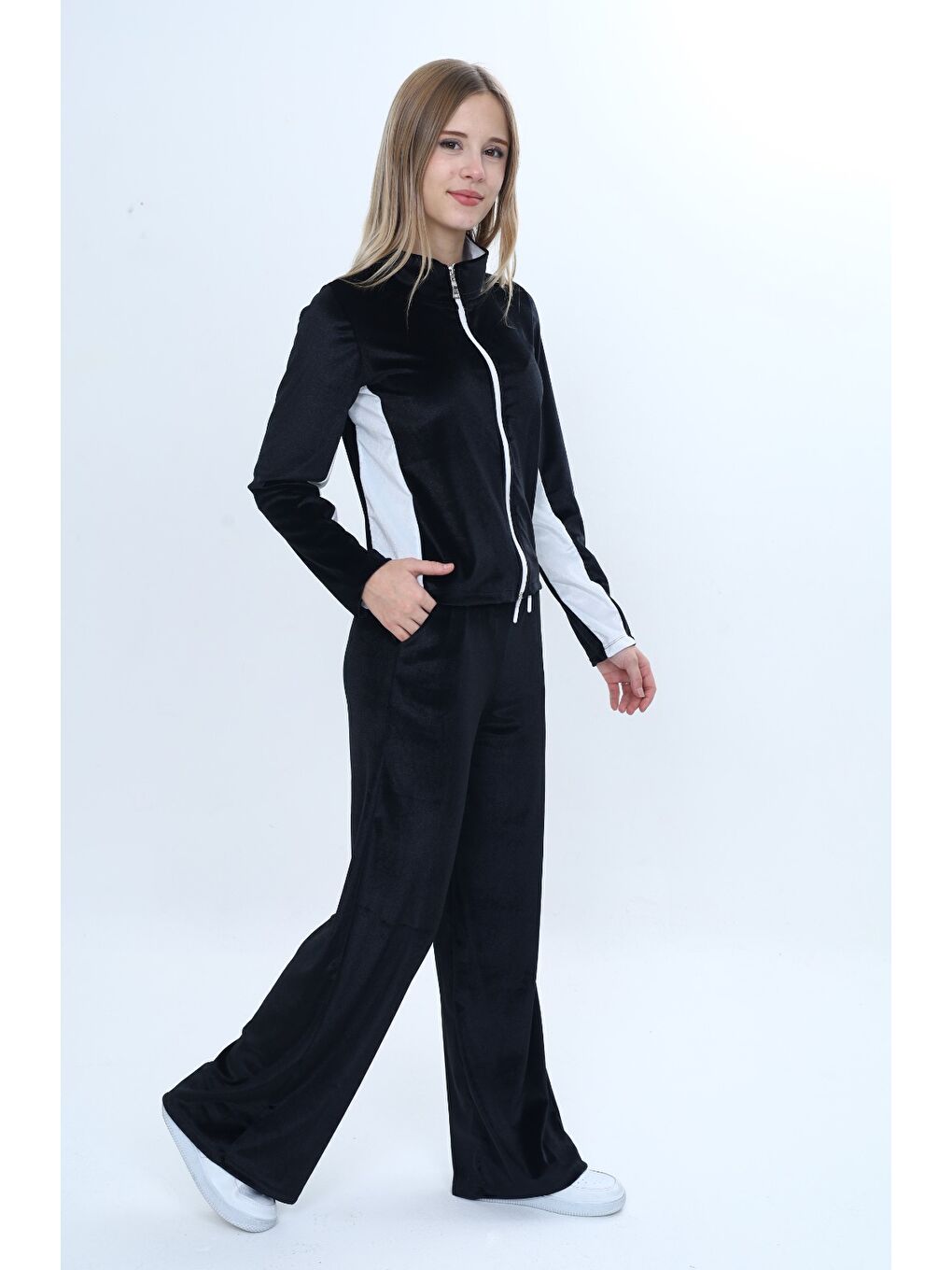 Siyah Kız Çocuk 2'li Takım Fermuarlı Cepli Sweatshirt & Beli Lastikli Bol Paça Cepli Eşofman Alt-1