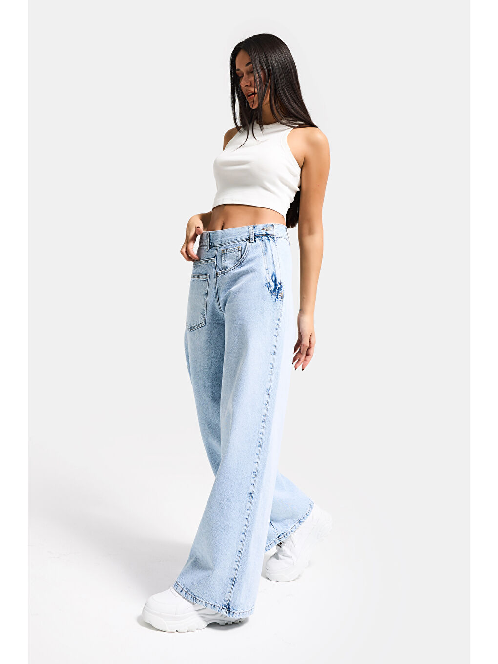 Mavi Kadın Ice Renk 4s6-3 Mega Baggy Fit Ön Arka Detay Tasarım Denim Jean-3