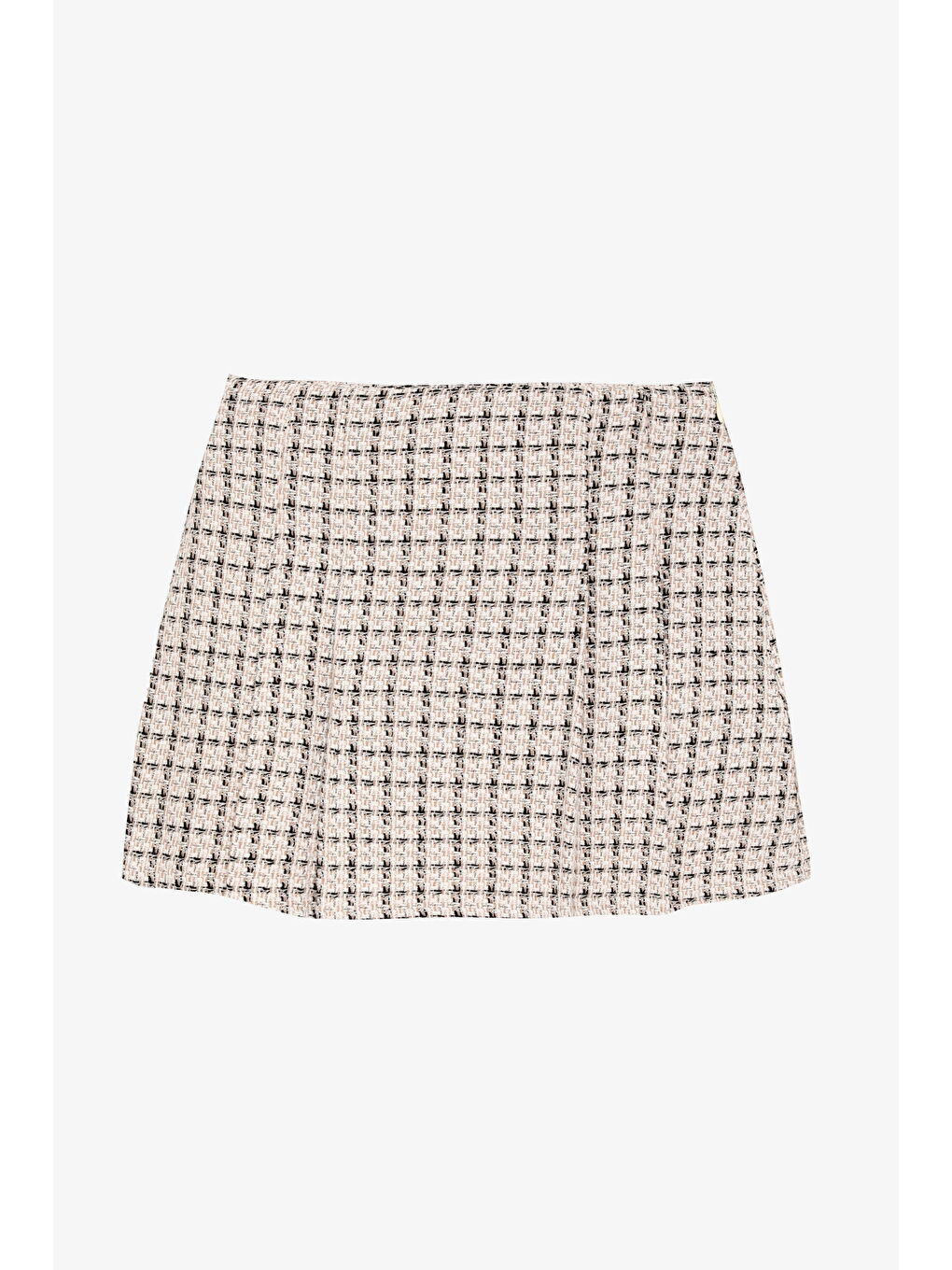 Ekoseli Pile Detaylı Tüvit Mini Etek Bej-1