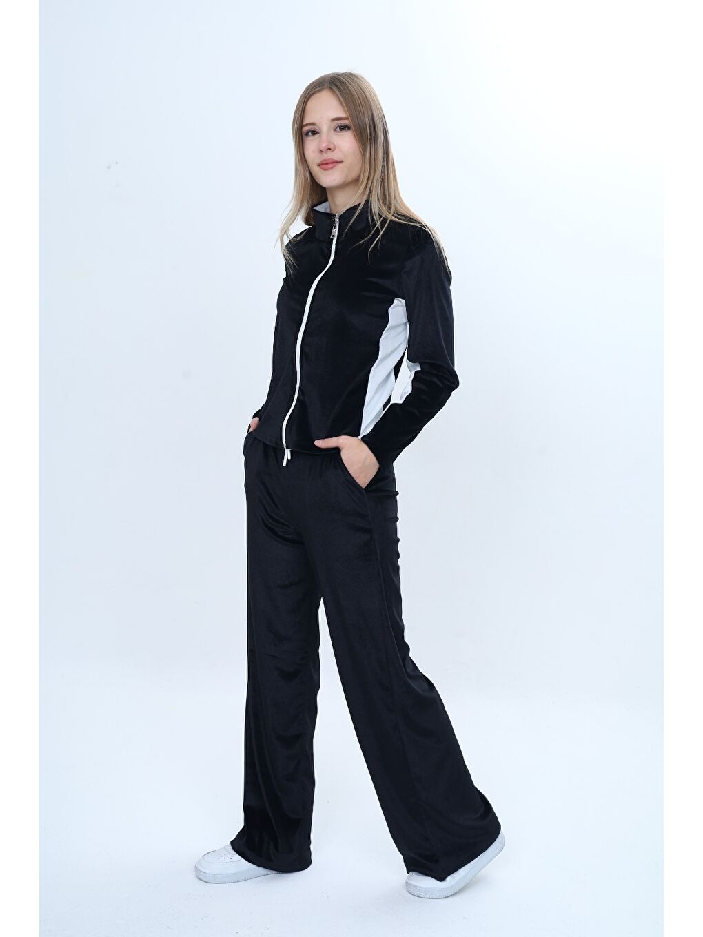 Siyah Kız Çocuk 2'li Takım Fermuarlı Cepli Sweatshirt & Beli Lastikli Bol Paça Cepli Eşofman Alt-2