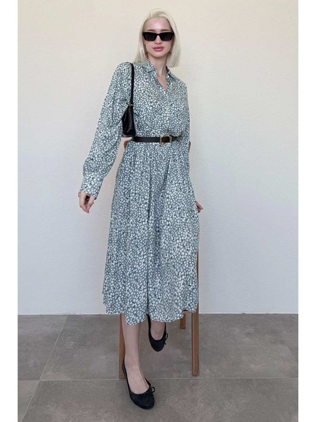 Mint Yeşili Uzun Kollu Düğmeli Desenli Elbise Mg2431