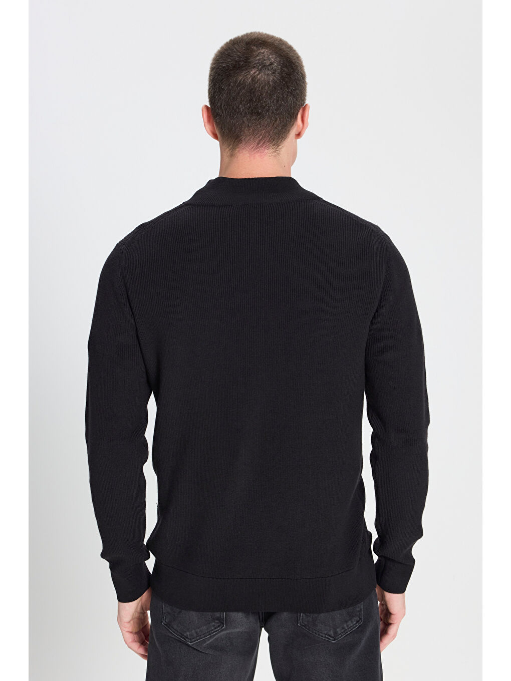 Regular Fit Normal Kesim Fermuar Detaylı Siyah Triko Kazak-5