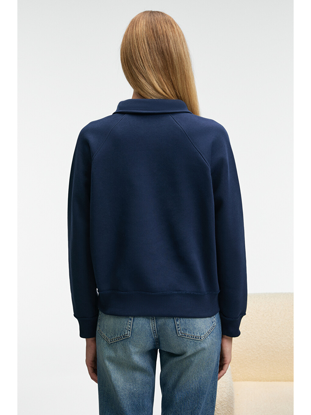 Camırel Kadın Polo Yaka Düğmeli Nakış Detaylı Reglan Kol Comfort Fit Lacivert Sweatshirt-5