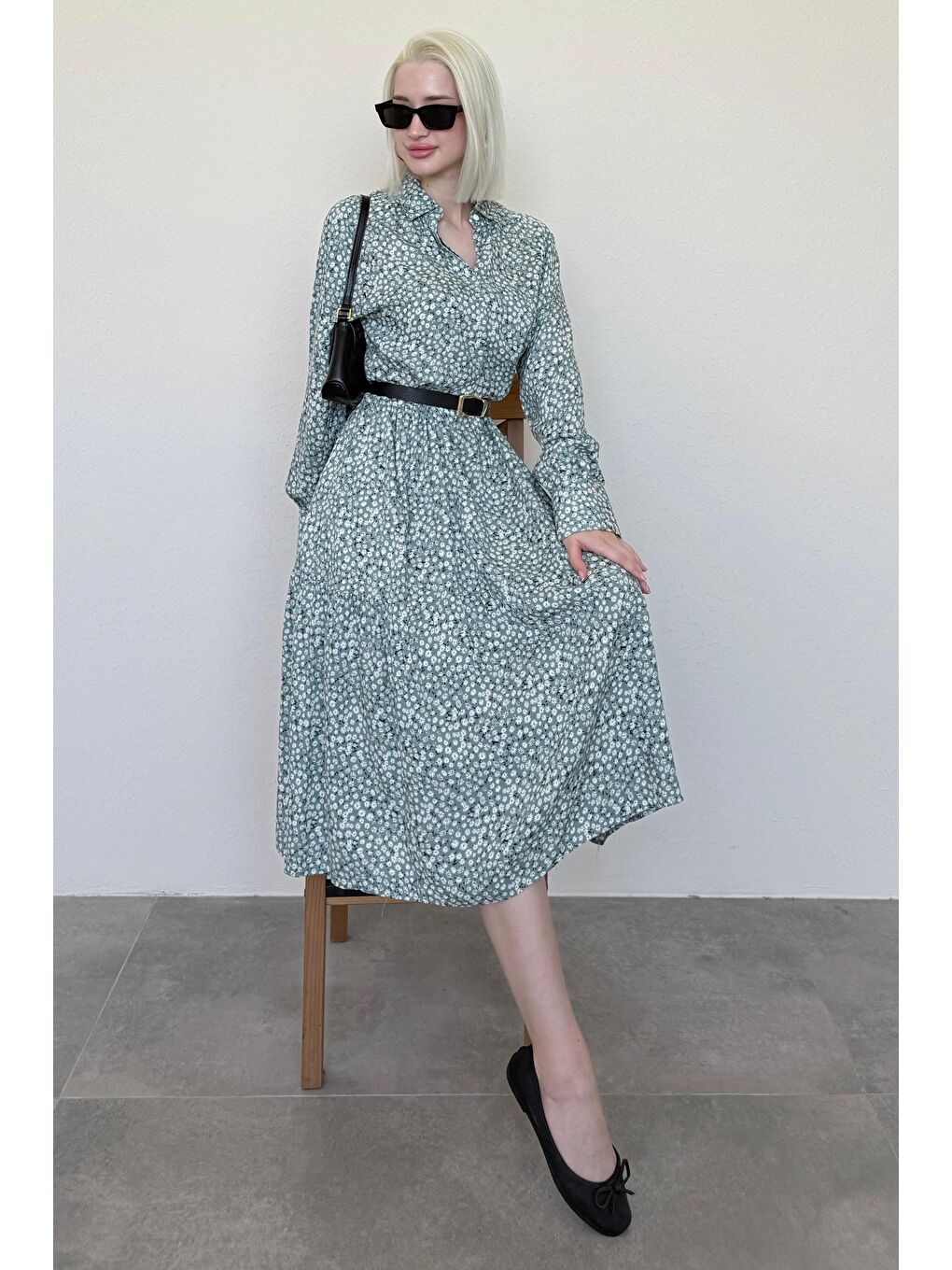 Mint Yeşili Uzun Kollu Düğmeli Desenli Elbise Mg2431-1