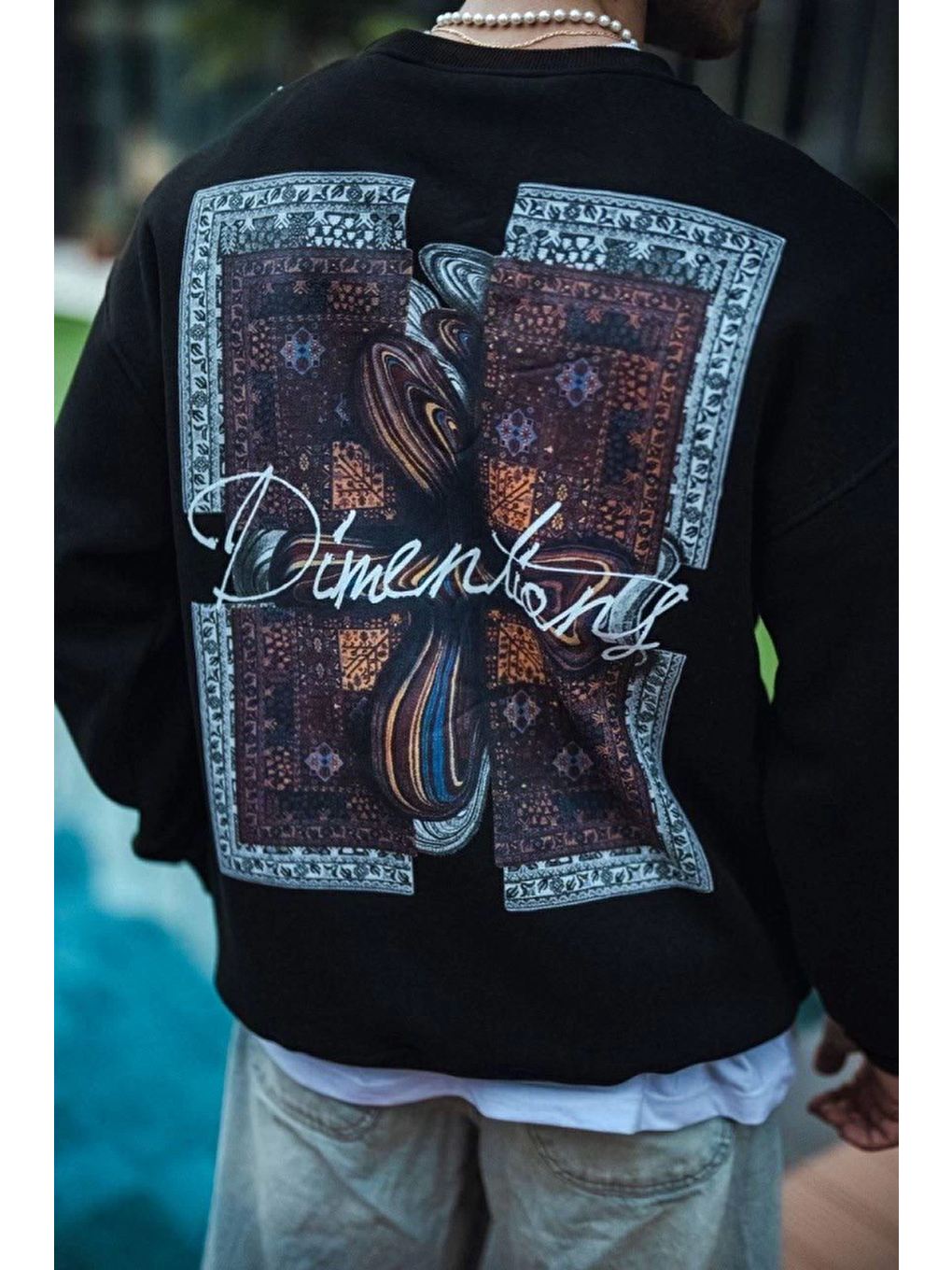 Uzun Kol Bisiklet Yaka Ön Ve Arka Baskılı Sweatshirt - Siyah-1