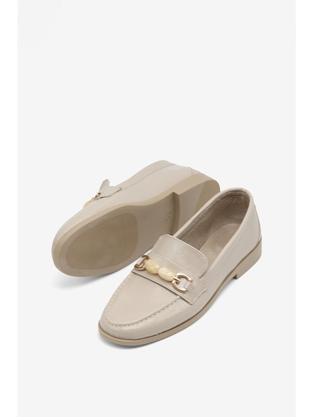 Kadın Bej Kadın Loafer Rahat Toka Detaylı Günlük Babet-4
