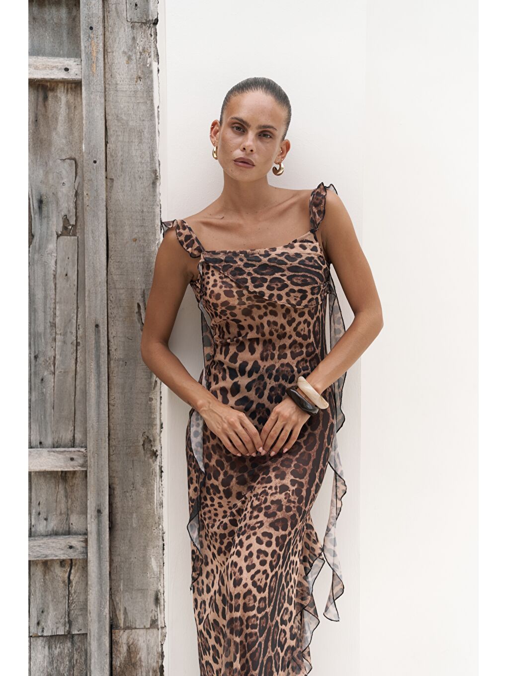 Bej Magi Fırfır Detay Leopar Uzun Elbise-2